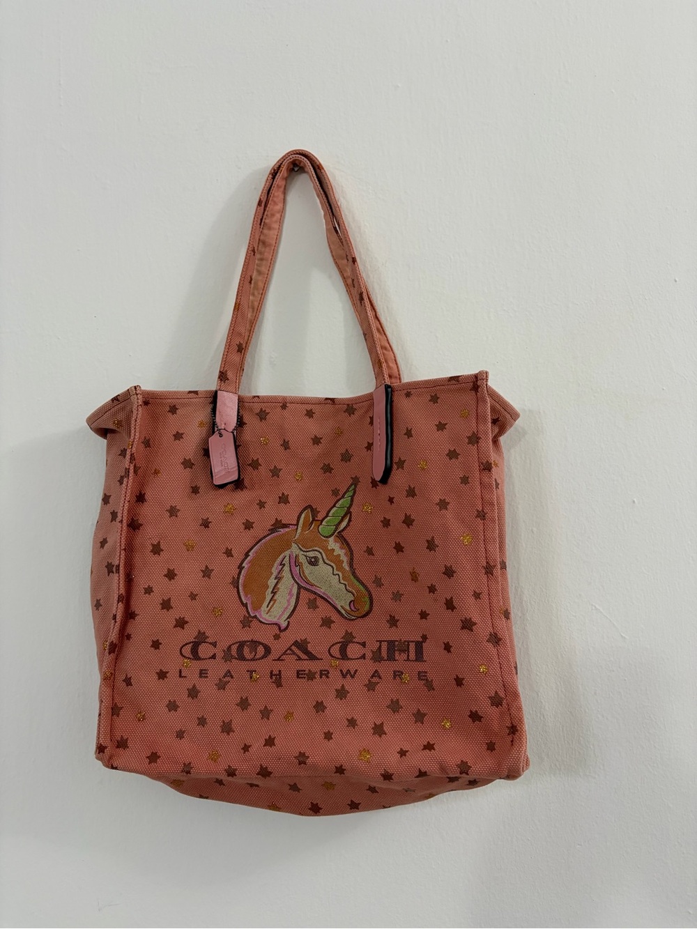 Authentic Coach Melon Pink Canvas Glitter Star "Uni" Unicorn Tote Bag (Style #26